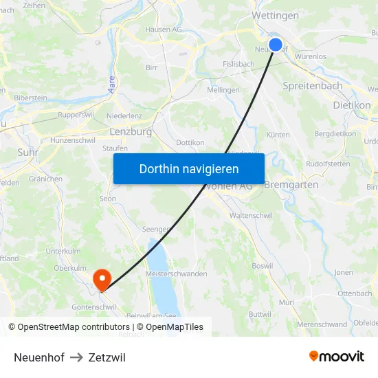 Neuenhof to Zetzwil map