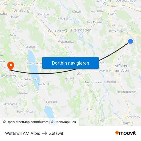 Wettswil AM Albis to Zetzwil map