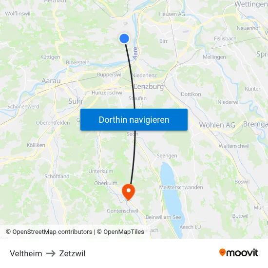 Veltheim to Zetzwil map