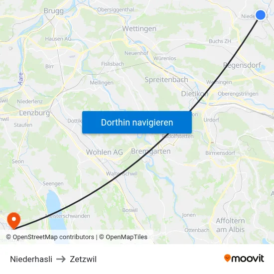 Niederhasli to Zetzwil map