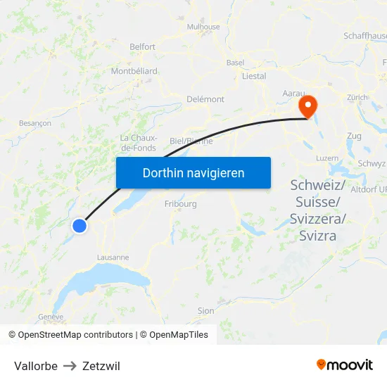 Vallorbe to Zetzwil map