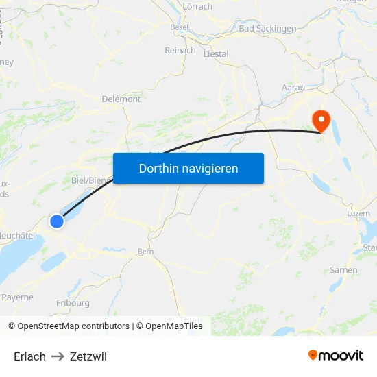Erlach to Zetzwil map