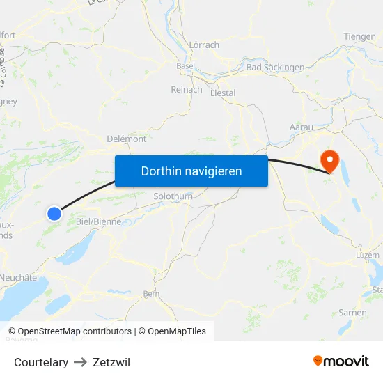Courtelary to Zetzwil map