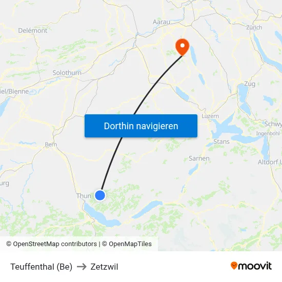 Teuffenthal (Be) to Zetzwil map