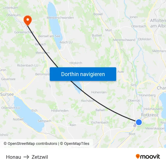 Honau to Zetzwil map