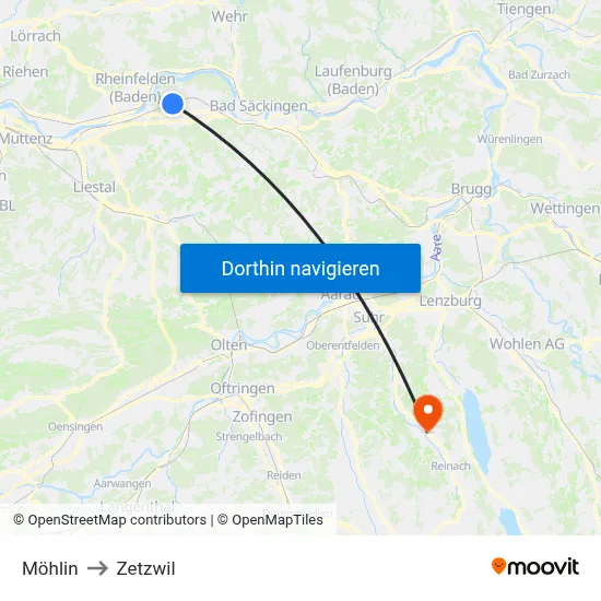 Möhlin to Zetzwil map
