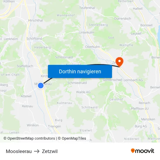 Moosleerau to Zetzwil map