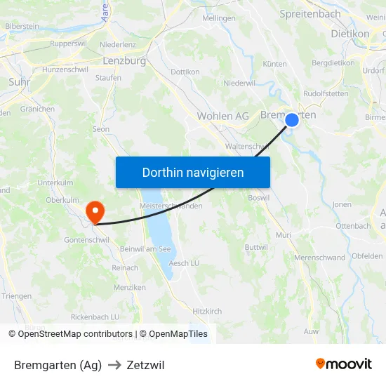 Bremgarten (Ag) to Zetzwil map