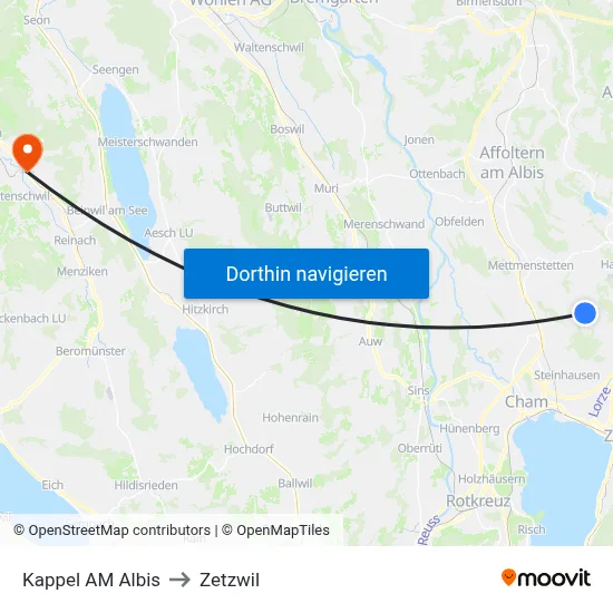 Kappel AM Albis to Zetzwil map