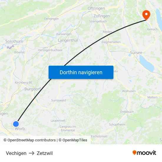 Vechigen to Zetzwil map