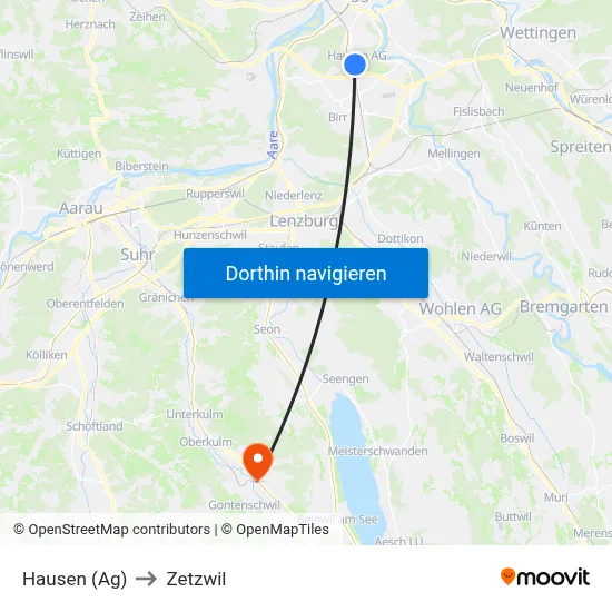 Hausen (Ag) to Zetzwil map