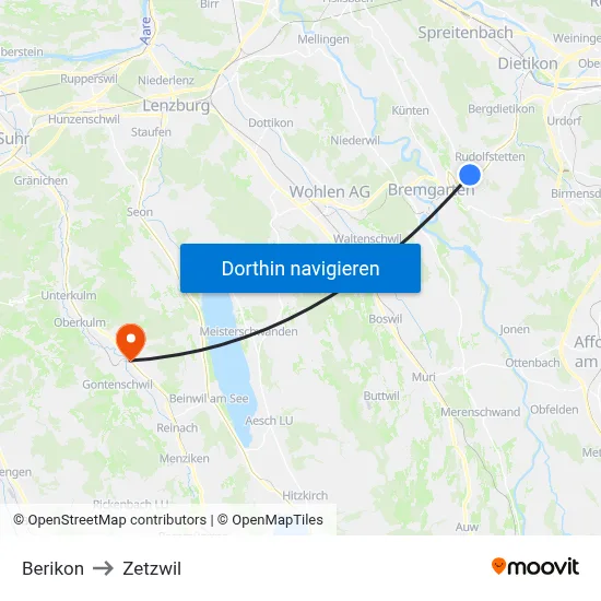 Berikon to Zetzwil map
