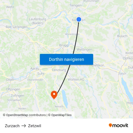 Zurzach to Zetzwil map