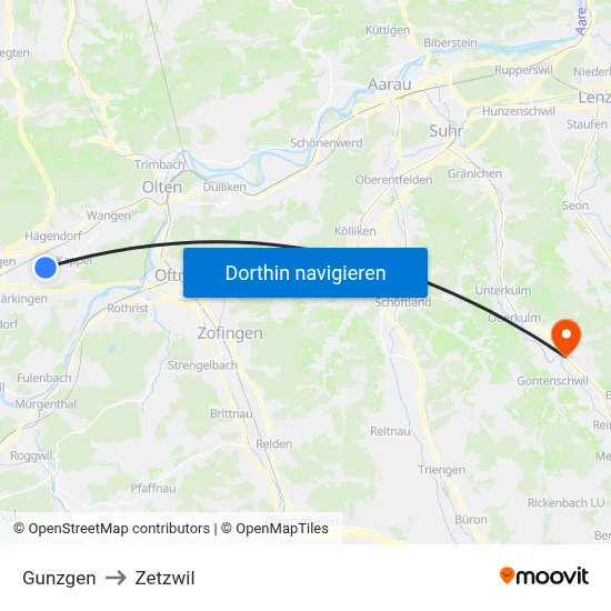 Gunzgen to Zetzwil map