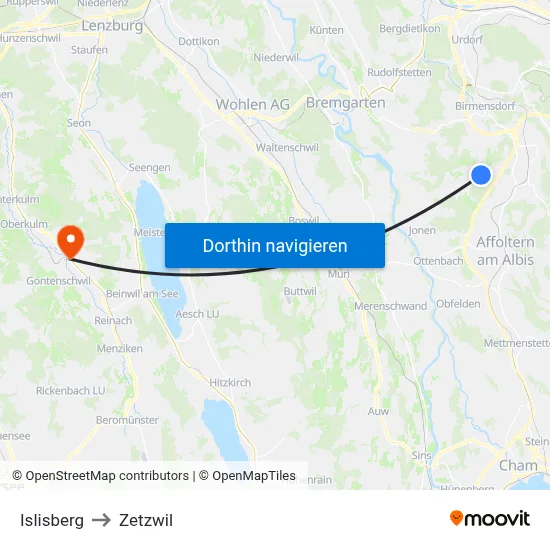 Islisberg to Zetzwil map