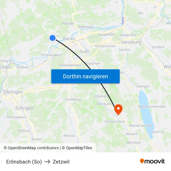 Erlinsbach (So) to Zetzwil map