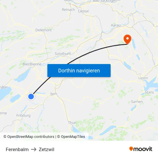 Ferenbalm to Zetzwil map