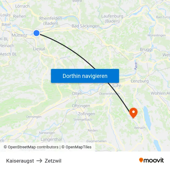 Kaiseraugst to Zetzwil map