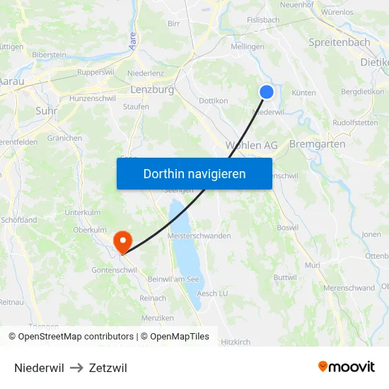 Niederwil to Zetzwil map