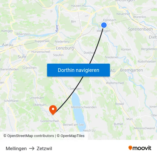 Mellingen to Zetzwil map