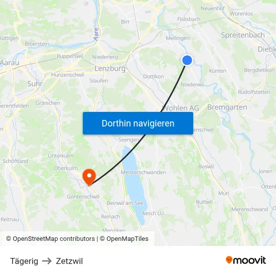 Tägerig to Zetzwil map