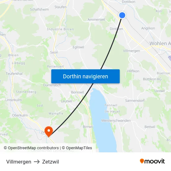 Villmergen to Zetzwil map