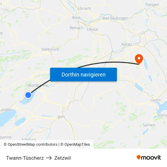 Twann-Tüscherz to Zetzwil map