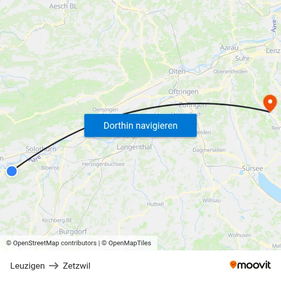 Leuzigen to Zetzwil map