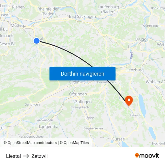 Liestal to Zetzwil map