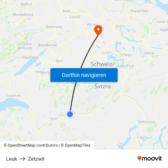 Leuk to Zetzwil map
