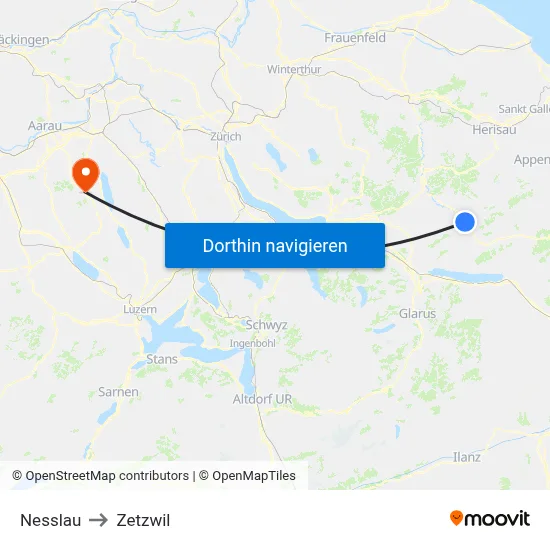 Nesslau to Zetzwil map