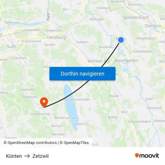 Künten to Zetzwil map