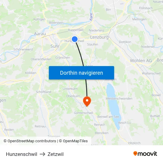 Hunzenschwil to Zetzwil map