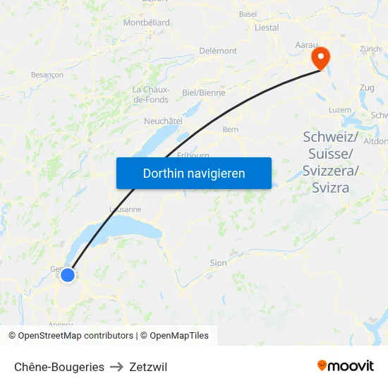 Chêne-Bougeries to Zetzwil map