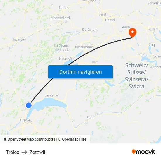 Trélex to Zetzwil map