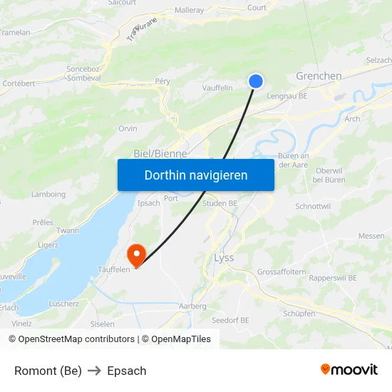 Romont (Be) to Epsach map