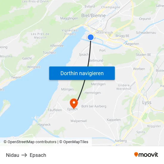 Nidau to Epsach map