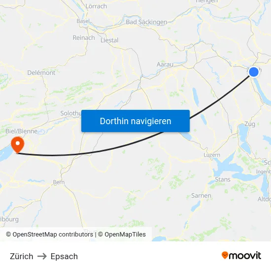 Zürich to Epsach map