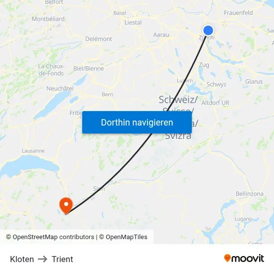 Kloten to Trient map