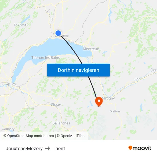 Jouxtens-Mézery to Trient map