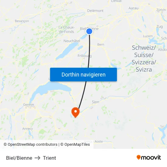 Biel/Bienne to Trient map
