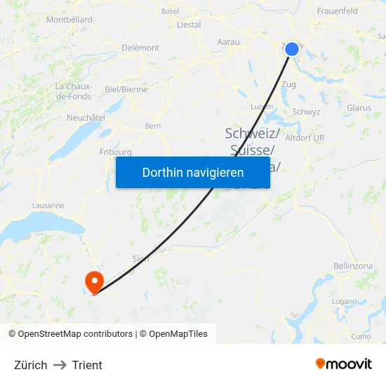 Zürich to Trient map