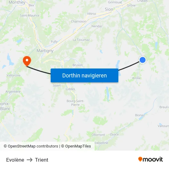 Evolène to Trient map