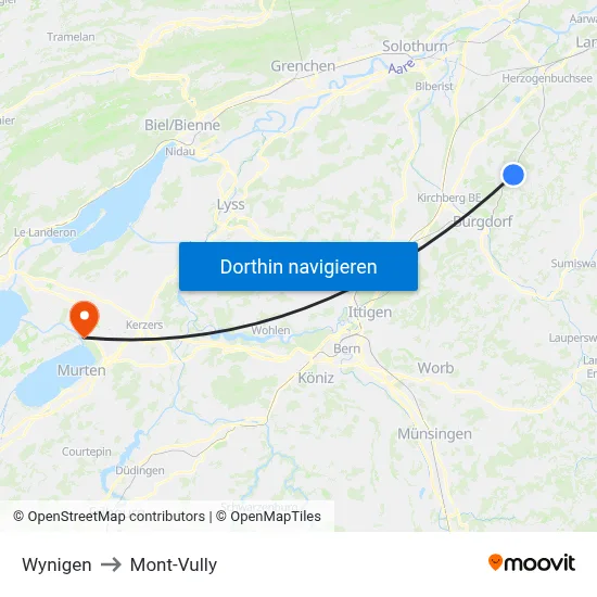Wynigen to Mont-Vully map