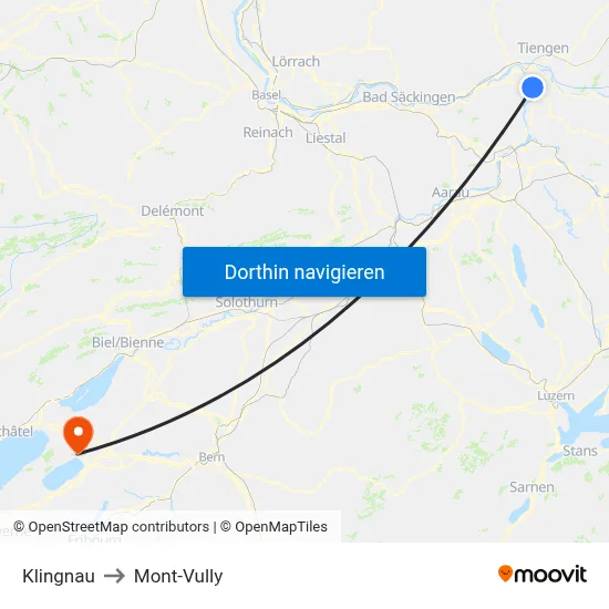 Klingnau to Mont-Vully map
