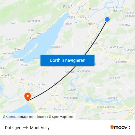 Dotzigen to Mont-Vully map