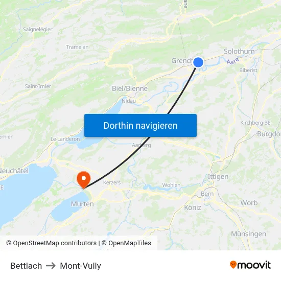 Bettlach to Mont-Vully map
