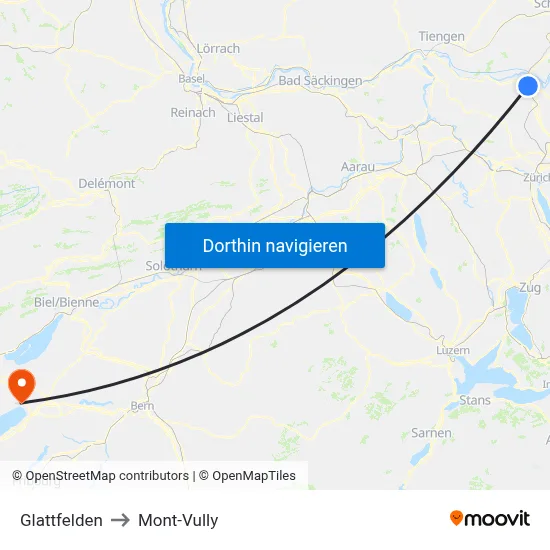 Glattfelden to Mont-Vully map