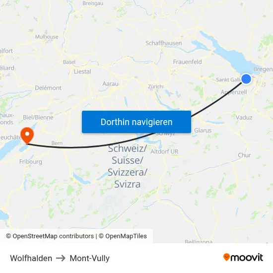 Wolfhalden to Mont-Vully map