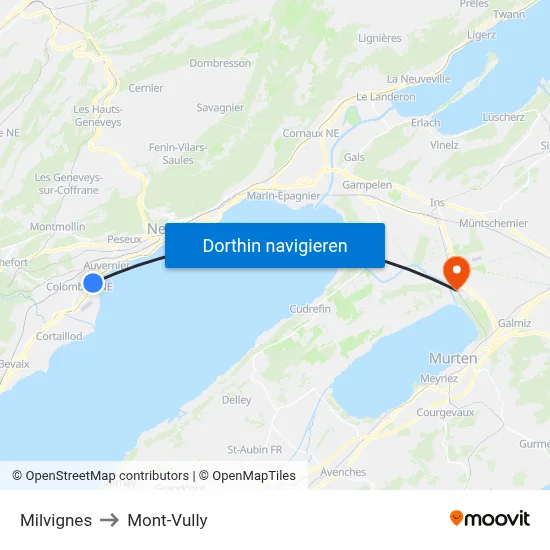 Milvignes to Mont-Vully map